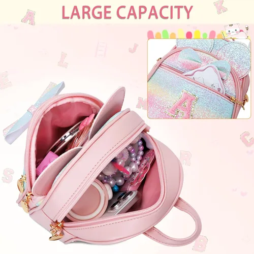 Miniatura 6 de KKXIU Mochilas Mini con Moño Inicial para Niñas y Mujeres, Linda Mochila Pequeña con Asa de Bolso, Regalos Personalizados para Niños, Arcoíris