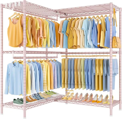 Miniatura 17 de ULIFHOME E15 - Perchero en forma de L para esquina, perchero independiente para colgar ropa, organizador de armario resistente con 4 varillas