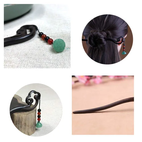 Miniatura 4 de Horquilla de madera de jade chino retro hecha a mano clásica verde loto palillos de pelo tocado borla palillos para el pelo largo fiesta diario