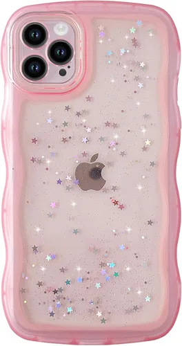 Qokey Funda para iPhone 12 Pro Max de 6.7 pulgadas, diseño de onda rizada, borde transparente, brillante con purpurina, estrella brillante, bonita,