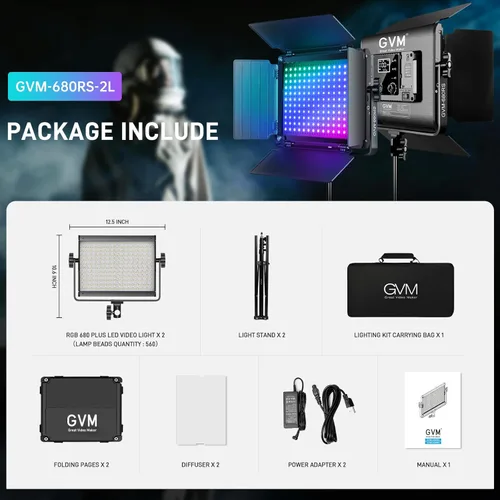 Miniatura 8 de GVM - Luz de video LED RGB con kits de iluminación, panel de luz LED 680RS 50W con control Bluetooth, 2 paquetes de iluminación de fotografía
