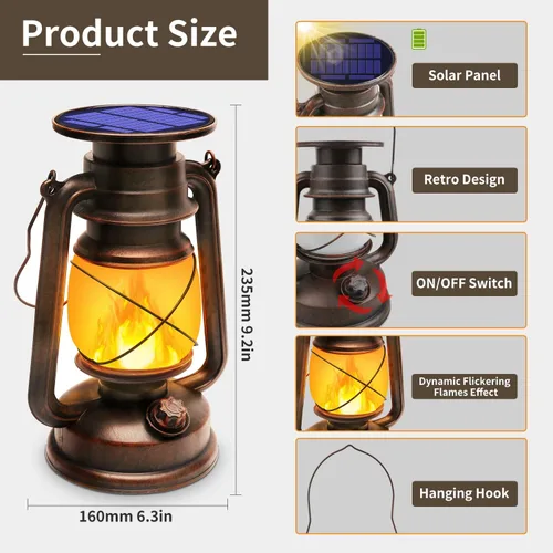 Miniatura 7 de Linterna Solar para Exterior Impermeable, Luces Solares LED Vintage con Llama Parpadeante, Lámparas de Camping, Linterna Rústica Colgante de Carga