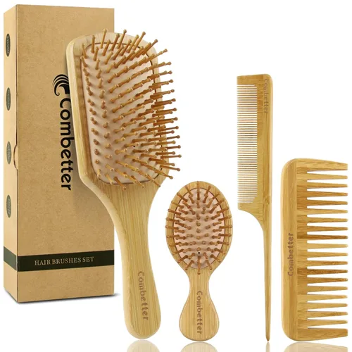 Juego de cepillos y peines de bambú 100% de Combetter, peine para mujeres y desenredante, excelente para todo tipo de cabello, ecológico y hecho a