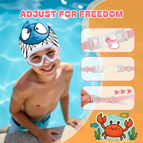 Miniatura 5 de Gafas de natación para niños de 3 a 8 años con gorro de natación, juego de gorras de natación con antivaho y anti-UV para niños y niñas pequeños