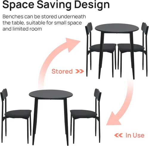 Miniatura 5 de Juego de mesa de comedor redonda para 2, mesa de cocina Samill de 3 piezas con marco de metal fuerte, comedor moderno con sillas para espacios Negro