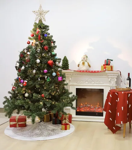 Miniatura 6 de Lewondr Falda de árbol de Navidad de 48 pulgadas, copos de nieve de lentejuelas doradas de felpa blanca para decoración de árbol de Navidad, beige