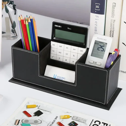 Miniatura 6 de KINGFOM Organizador de escritorio para suministros de oficina, caja de almacenamiento de piel sintética, 4 compartimentos divididos para bolígrafos