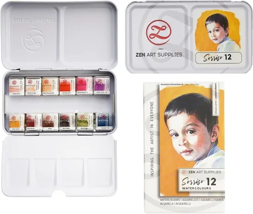 ZenArt Supplies Sorriso - Juego de pintura de acuarela profesional – No tóxico 12 medias bandejas en lata de metal paleta portátil de viaje para 08.