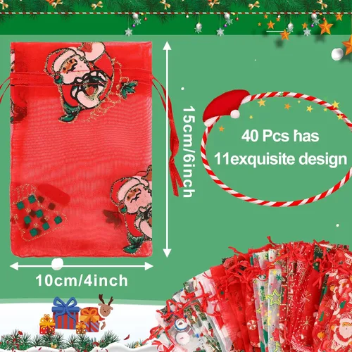 Miniatura 2 de DTOFOOT Bolsas de organza de Navidad, bolsas de regalo para joyas, 40 unidades de 4 x 6 pulgadas, pequeños copos de nieve de Papá Noel de Navidad