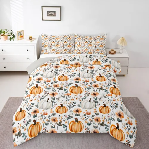 Miniatura 16 de Erosebridal Juego de edredón individual de pavo de Acción de Gracias, juego de ropa de cama de calabaza con hojas de otoño para niños y adultos