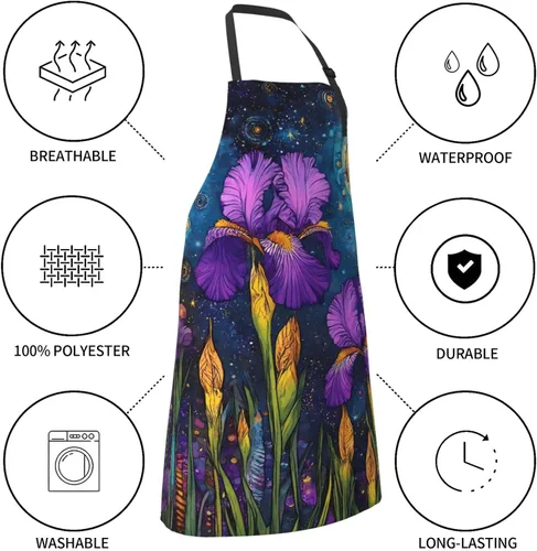 Miniatura 7 de Delantal de cocina con estampado de lirios morados, ajustable, impermeable, con bolsillos, unisex