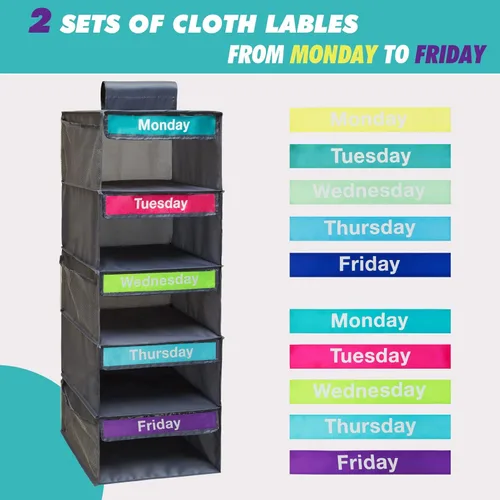 Miniatura 5 de Organizador semanal de ropa de 5 estantes para niños, estante diario para niños, organizador de armario colgante con 6 bolsillos laterales, estantes