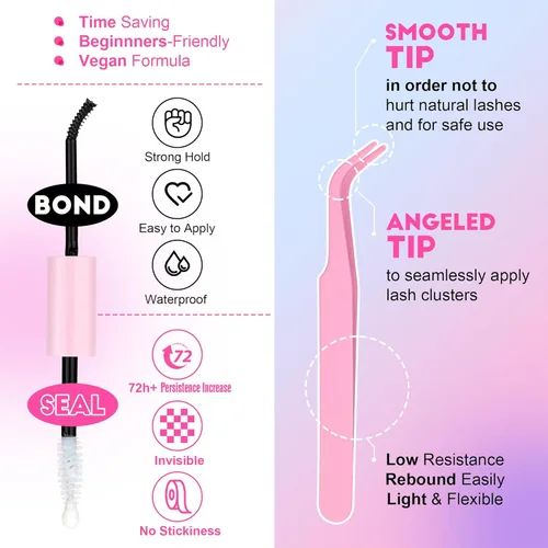 Miniatura 5 de Kit de extensión de pestañas Pawotence DIY 40D 12-18mm, 280 unidades, kit de extensiones de pestañas en racimo con adhesivo y sello, pinzas