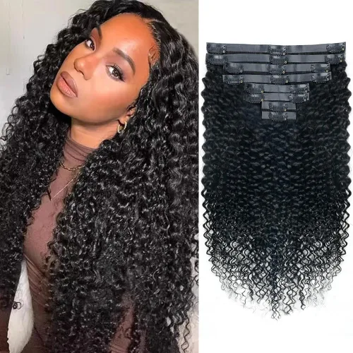 Miniatura 23 de Extensiones de cabello humano rizado con clip, 3C 4A, rizado con clip, cabeza completa, para mujeres negras, cabello humano brasileño Remy