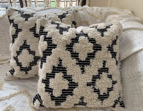 Miniatura 4 de Juego de 2 fundas de almohada bohemias para sofá, 18 x 18 y 20 x 20 pulgadas, de algodón, tejidas a mano, copetudas, fundas de almohada decorativas