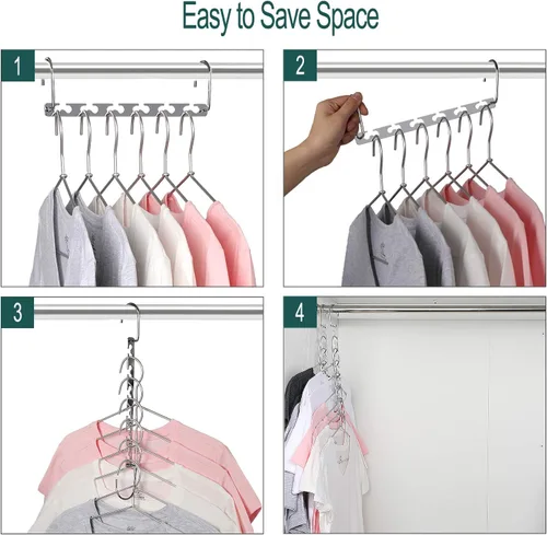 Miniatura 5 de Meetu - Perchas de ahorro de espacio multi funcionales para ropa de acero inoxidable, 6 x 2 ranuras para colgar en cascada, gancho actualizado