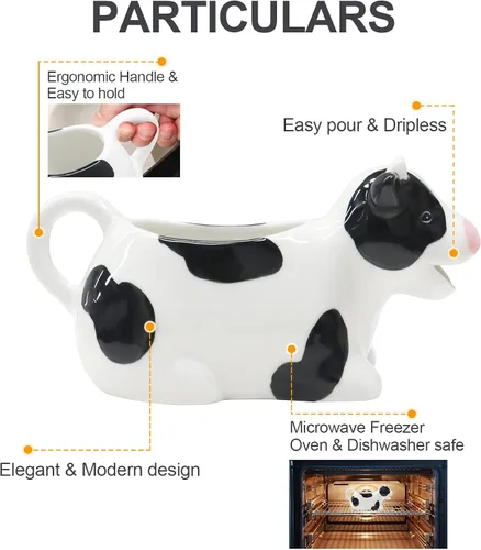 Miniatura 5 de Bote de salsa blanca, jarra de cerámica de vaca de 11 onzas, jarra de salsa pequeña con mango suave, bote de salsa de porcelana para aderezo