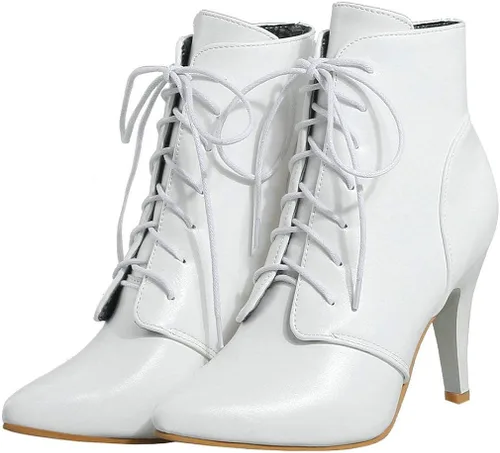 Caradise Botines de tacón alto con cordones y puntera puntiaguda, estilo vintage para mujer