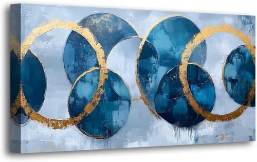 Cuadros abstractos, arte de pared para sala de estar, oficina, dormitorio, decoración de pared, arte de pared con anillo, pinturas modernas, azul