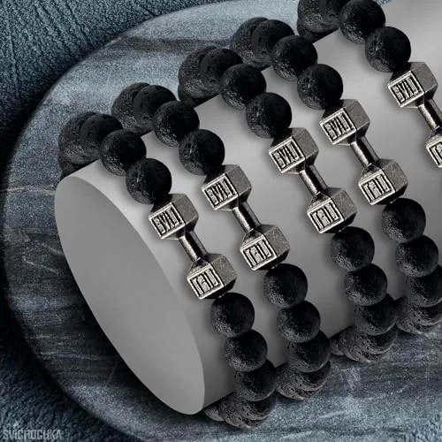 Miniatura 9 de Lava Beads Gym Bracelets for Men - 8mm Lava Rock Bracelet Natural Stone, Men Stretch Bracelet Bead Bracelet for Women- Alloy Dumbbell Bracelet