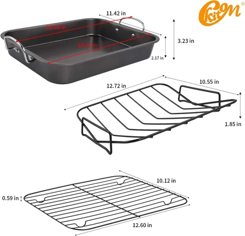 Miniatura 2 de kitCom Bandeja antiadherente para asar, asador con rejilla - Parrilla rectangular de 16 pulgadas adecuada para pavo, pollo asado, jamón, apto