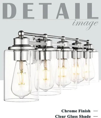 Miniatura 2 de HWH - Lámpara de tocador cromada con 5 luces sobre espejo, lámpara de pared moderna para baño, 37 pulgadas, acabado cromado, 5HLT63B-5W CH