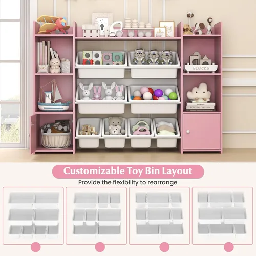Miniatura 8 de HONEY JOY Organizador de almacenamiento de juguetes para niños, armario de almacenamiento de piso de madera con 8 contenedores extraíbles, estante