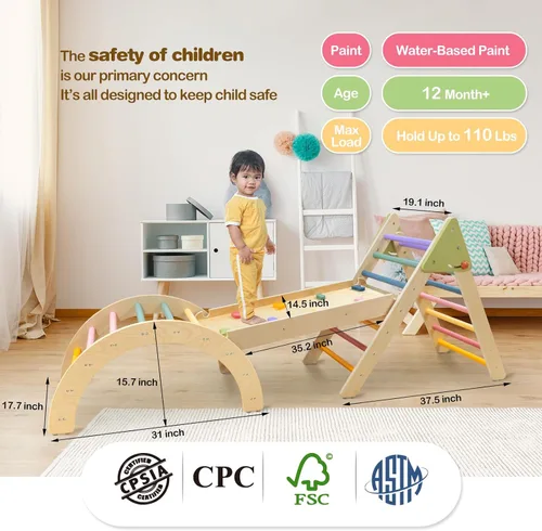 Miniatura 6 de LOL-FUN Pikler - Juego de triángulos con tobogán para niños pequeños de 1 a 3 años, juguetes de escalada Montessori para niños de 1 año, juego