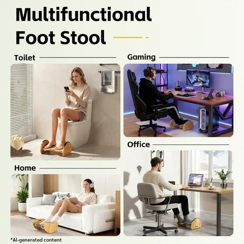 Miniatura 8 de Reposapiés ergonómico de bambú para debajo del escritorio, reposapiés mecedora reversible 3 en 1 con almohadillas, taburete de oficina de 4 alturas