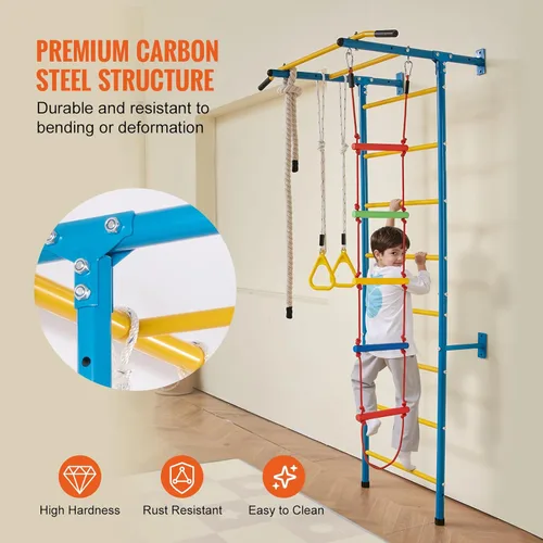 Miniatura 4 de VEVOR Gimnasio interior de la selva para niños pequeños, juego de escalada 5 en 1 con escalera sueca de acero al carbono, escalera de pared, barra