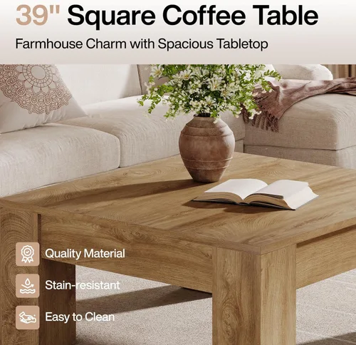 Miniatura 6 de Tribesigns Mesa auxiliar cuadrada de madera de 39 pulgadas con patas resistentes, mesa central rústica para sala de estar, fácil montaje, marrón