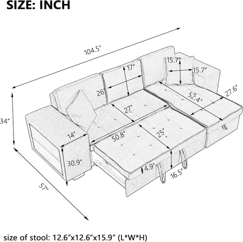 Miniatura 2 de Sofá cama modular de 104 pulgadas con diván convertible de almacenamiento y taburetes para sala de estar, moderno sofá cama extraíble de 3 asientos