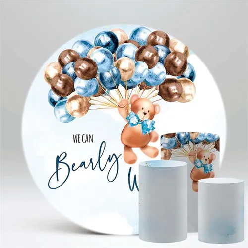Miniatura 2 de We Can Bearly Wait to Meet You Baby Shower - Telón de fondo redondo para tema de oso de peluche, niño, azul pastel, marrón, baby shower, fondo