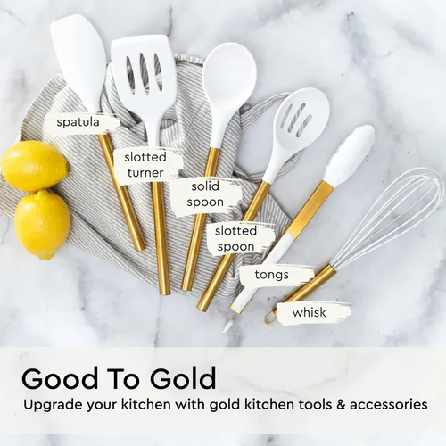 Miniatura 8 de Juego de utensilios de cocina dorados – 6 piezas de silicona blanca y utensilios de cocina dorados con espátula, batidor, pinzas, cucharas, Blanco