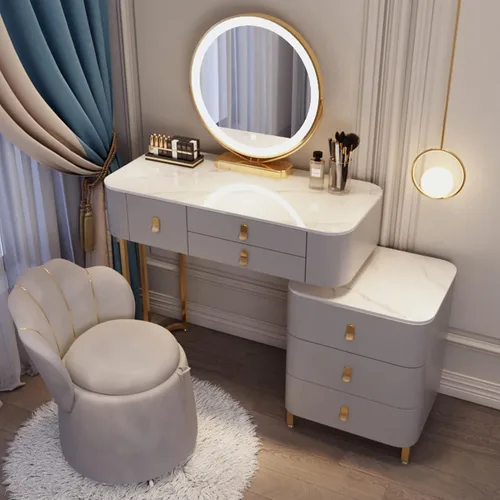 Miniatura 19 de Tocador, tocador de maquillaje con taburete acolchado, tocador con espejo iluminado LED y mesa auxiliar, mesa de maquillaje con 3 cajones
