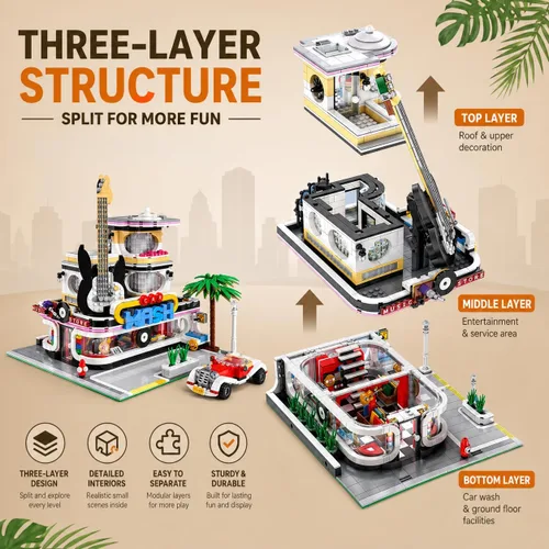 Miniatura 3 de General Jim's Tienda de música y lavado de autos Street View Modular City Building Block Set, 2,168 piezas con kit de luz Juguetes y ladrillos GJ