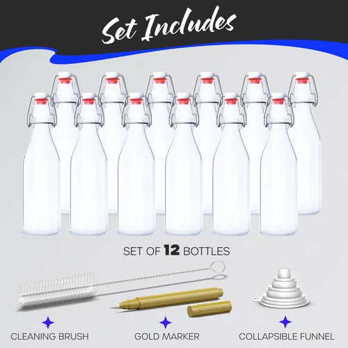 Miniatura 9 de Nevlers Botellas de vidrio con tapa abatible de 17 onzas, paquete de 12 botellas redondas transparentes con tapa abatible de 16.9 fl oz