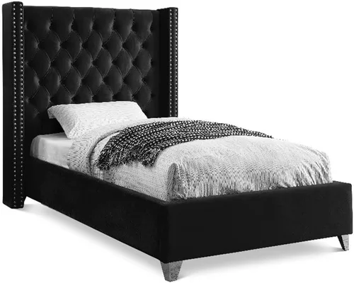 Miniatura 19 de Meridian Furniture – Cama con respaldo de terciopelo abotonado, Aiden-Q-Aiden, con recortes cromados con forma de cabezal de clavos y patas Gris