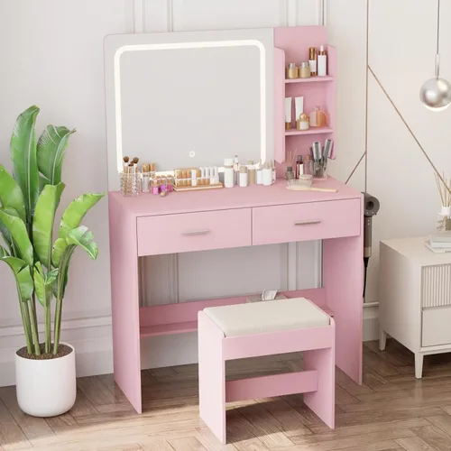 Miniatura 5 de Tocador de maquillaje con espejo iluminado y toma de corriente – 2 estantes, 2 cajones, almacenamiento inferior – Viene con taburete tapizado (rosa)