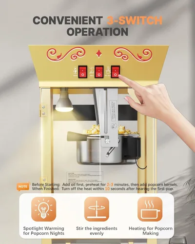 Miniatura 6 de Carrito de máquina de palomitas mejorado de 12 oz, máquina para hacer palomitas con hervidor de acero inoxidable que hace hasta 48 tazas, máquina