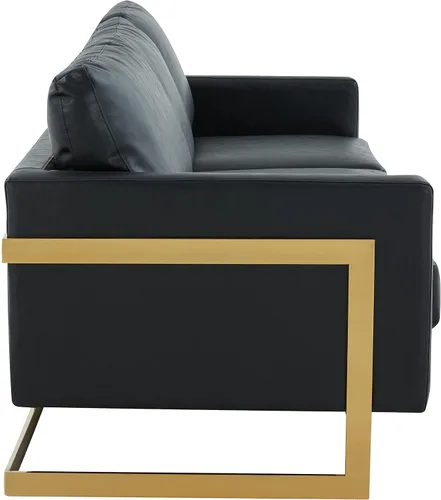Miniatura 6 de LeisureMod Lincoln - Sofá de cuero moderno de mediados de siglo de 83 pulgadas, sofá tapizado de 3 asientos con marco de metal dorado, muebles