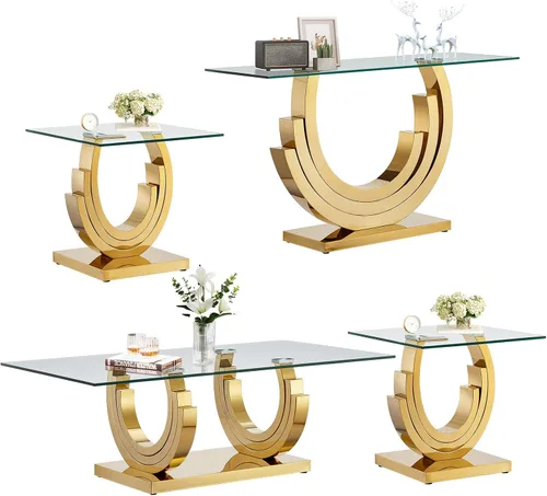 Miniatura 16 de SSLine Mesa auxiliar de cristal de lujo para sala de estar, mesa auxiliar moderna dorada con base de pedestal de acero inoxidable en forma de flor