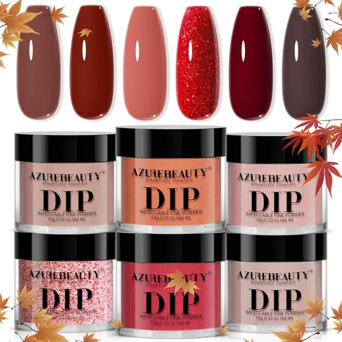 AZUREBEAUTY Polvo de uñas de inmersión, kit de iniciación de 6 colores con purpurina marrón y roja, arte de uñas francesa, manicura de bricolaje