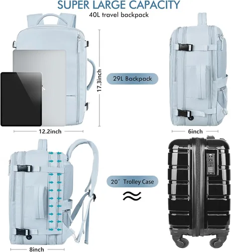 Miniatura 8 de Mochila de viaje de cabina aprobada por aerolíneas Beraliy para hombres y mujeres, Azul-claro, X-Grande, Mochilas de viaje