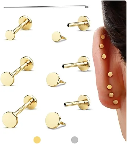 Miniatura 14 de GEMQUEEN Aretes tipo dormilona plana: aretes de acero quirúrgico de titanio rellenos de oro de 14 quilates, hipoalergénicos para mujeres y hombres