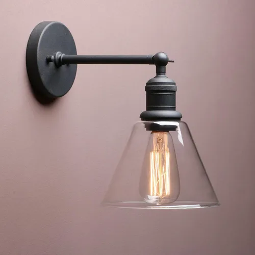 Miniatura 9 de Yosoan Lámpara de pared para interiores, 1 luz moderna de latón antiguo vintage, cableado industrial con embudo acampanado de vidrio transparente