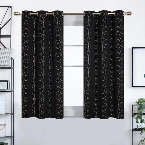 Miniatura 2 de Deconovo Cortinas opacas, aislamiento térmico y reducción de ruido, estampado de lámina de diamante – ojales en la parte superior, 2 paneles, Negro