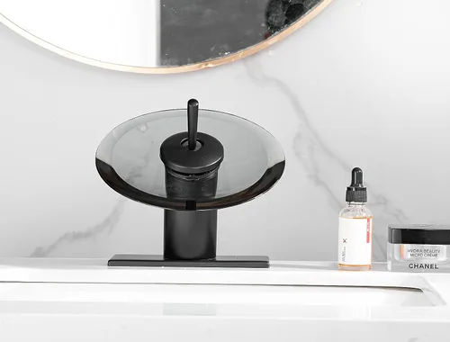 Miniatura 8 de Grifo de baño con boquilla de vidrio negro, cascada de una sola manija, un agujero, grifo para lavabo de lavabo, mezclador con placa de cubierta