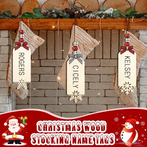 Miniatura 5 de Vicenpal Juego de 12 etiquetas de nombre para calcetines de Navidad, letreros de madera para bricolaje, incluye etiquetas de cuentas de madera