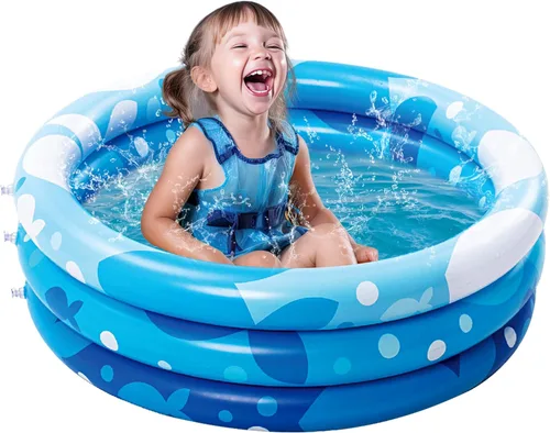 Sloosh Piscina inflable para niños, piscina inflable de 34 x 10 pulgadas, 3 anillos azules para bebés, hoyo de juego para perros con patrón
